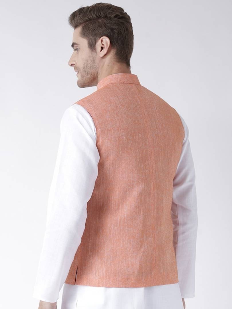 Men's Orange 
Linen
 Solid
 Nehru Jackets